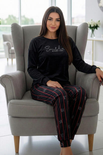Siyah Smile Desenli Exclusive Kadife Kadın Pijama Takımı - 4