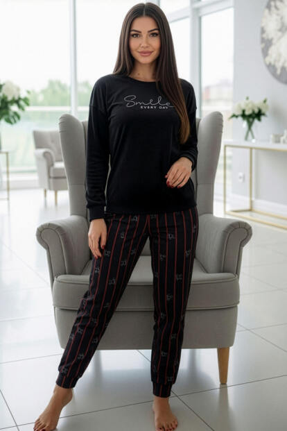 Siyah Smile Desenli Exclusive Kadife Kadın Pijama Takımı - 5