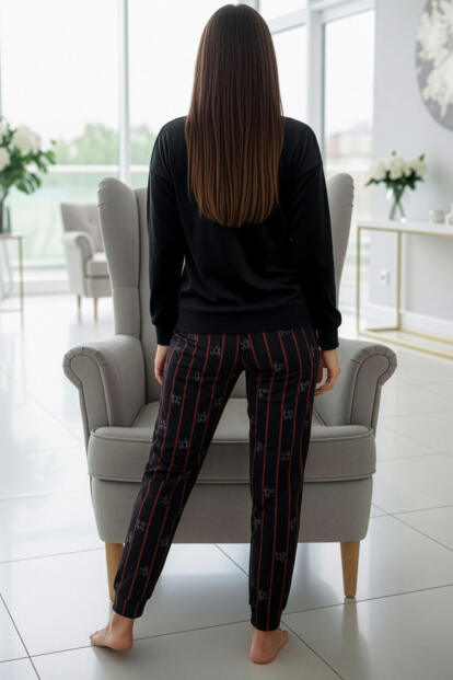 Siyah Smile Desenli Exclusive Kadife Kadın Pijama Takımı - 6