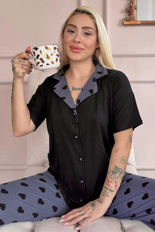 Siyah Soft Charm Desenli Bambu Önden Düğmeli Kısa Kol Pijama Takımı - Pijamaevi
