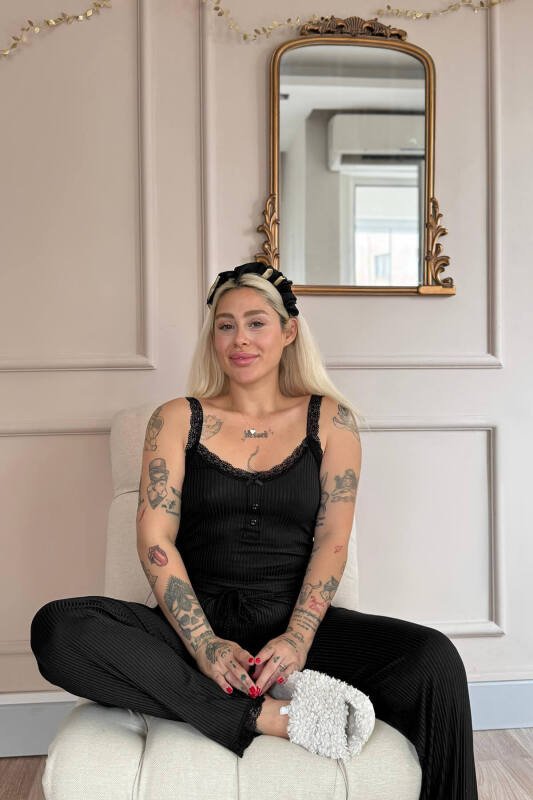 Siyah Sogno Örme Dantel Askılı Kadın Pijama Takımı - Pijamaevi (2)