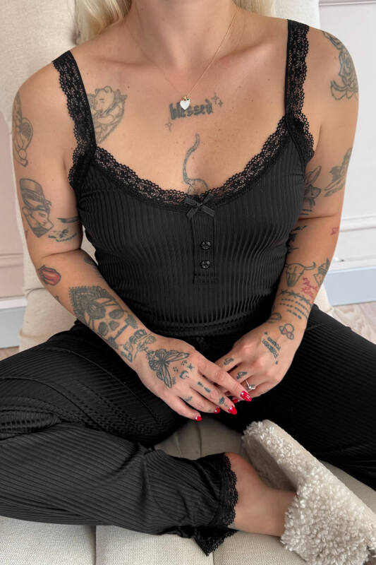 Siyah Sogno Örme Dantel Askılı Kadın Pijama Takımı - Pijamaevi (3)