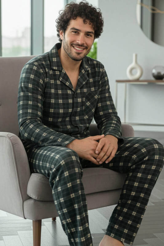 Siyah Somon Ekose Desenli Önden Düğmeli Elegant Erkek Pijama Takımı - Pijamaevi