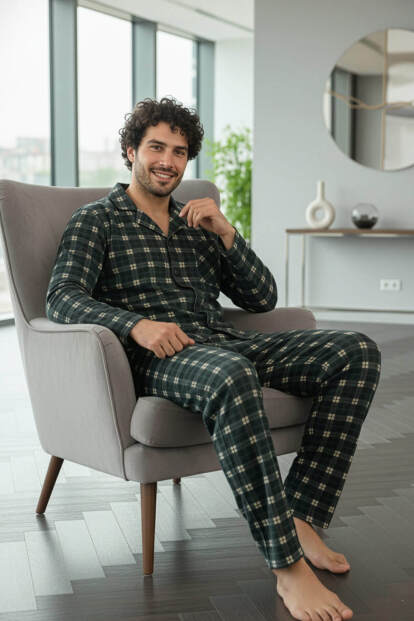 Siyah Somon Ekose Desenli Önden Düğmeli Elegant Erkek Pijama Takımı - 2