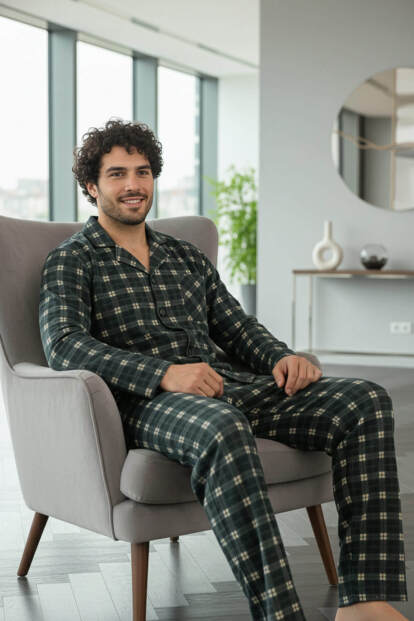 Siyah Somon Ekose Desenli Önden Düğmeli Elegant Erkek Pijama Takımı - 3
