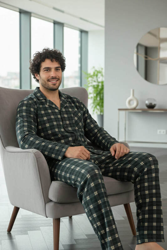 Siyah Somon Ekose Desenli Önden Düğmeli Elegant Erkek Pijama Takımı - Pijamaevi (2)