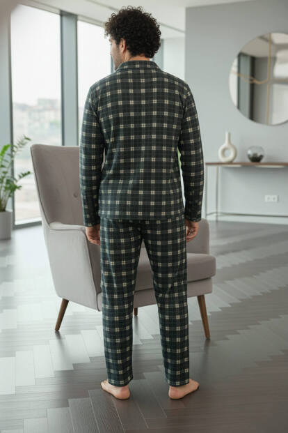 Siyah Somon Ekose Desenli Önden Düğmeli Elegant Erkek Pijama Takımı - 5