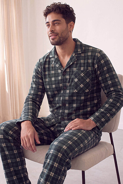 Siyah Somon Ekose Desenli Önden Düğmeli Elegant Erkek Pijama Takımı 
