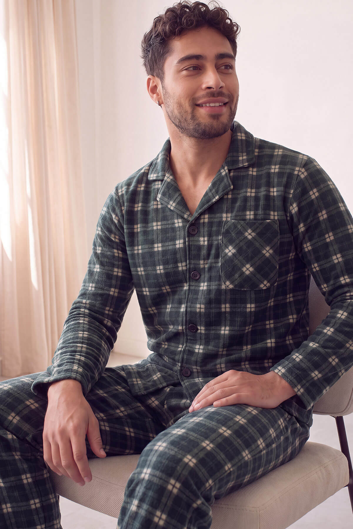 Siyah Somon Ekose Desenli Önden Düğmeli Elegant Erkek Pijama Takımı - Pijamaevi (1)