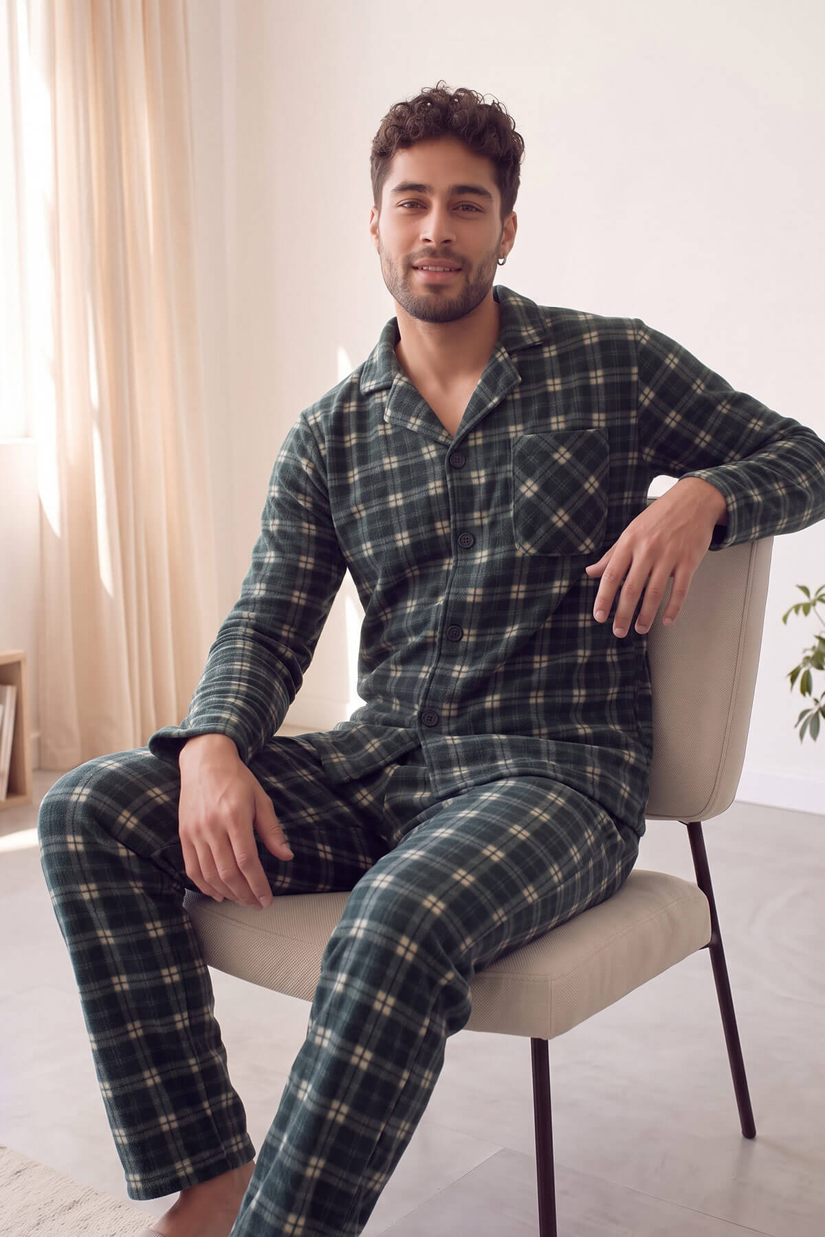 Siyah Somon Ekose Desenli Önden Düğmeli Elegant Erkek Pijama Takımı - Pijamaevi (2)