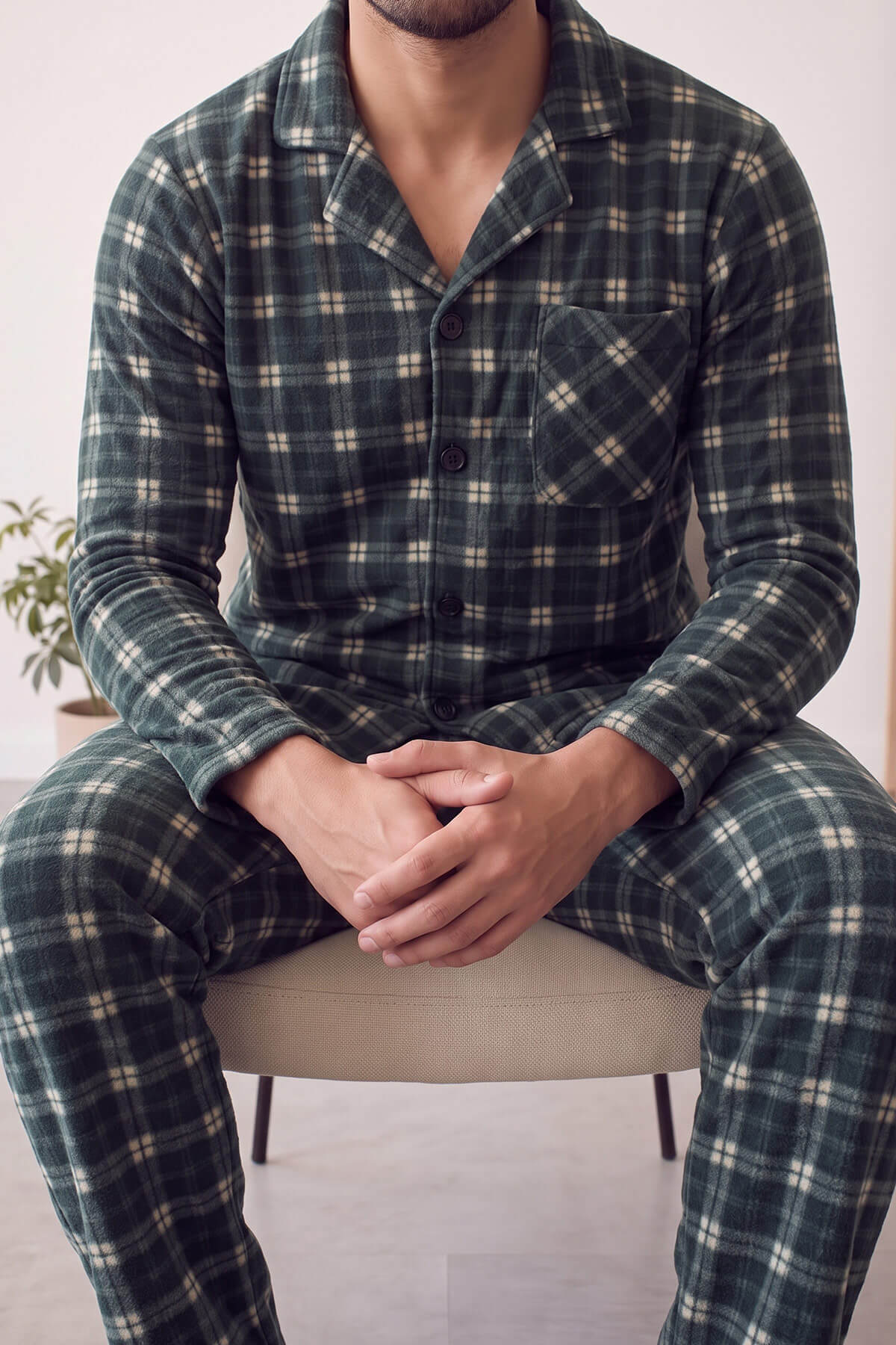 Siyah Somon Ekose Desenli Önden Düğmeli Elegant Erkek Pijama Takımı - Pijamaevi (3)