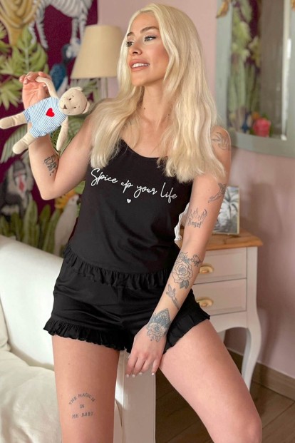 Siyah Spice Baskılı Örme İp Askı Şortlu Pijama Takımı - 1