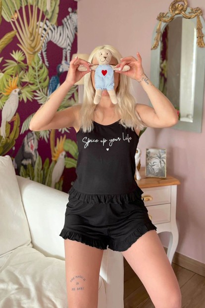 Siyah Spice Baskılı Örme İp Askı Şortlu Pijama Takımı - 2