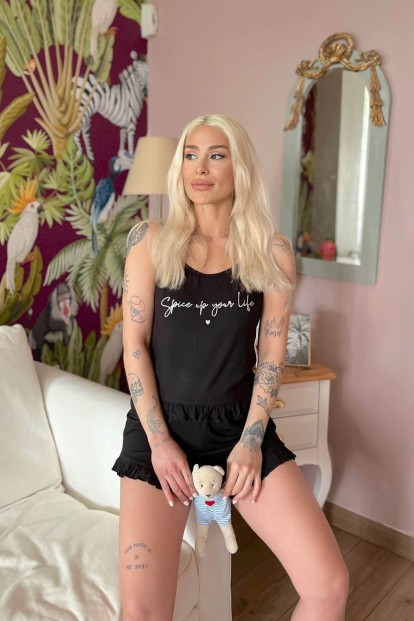 Siyah Spice Baskılı Örme İp Askı Şortlu Pijama Takımı - 3
