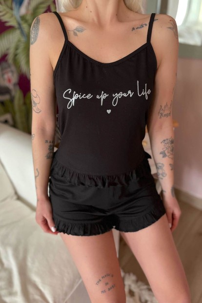 Siyah Spice Baskılı Örme İp Askı Şortlu Pijama Takımı - 5