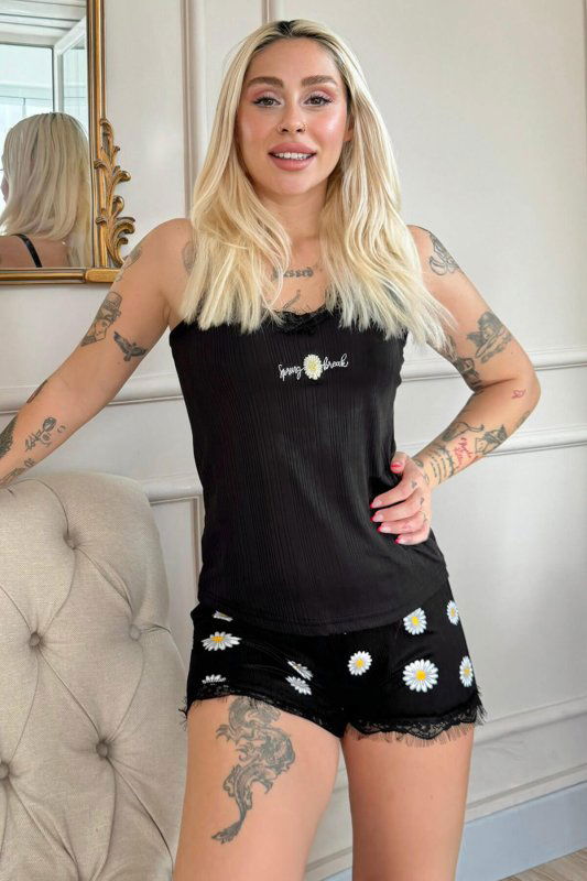 Siyah Spring Break Dantel Detaylı İp Askı Şortlu Örme Pijama Takımı - Pijamaevi