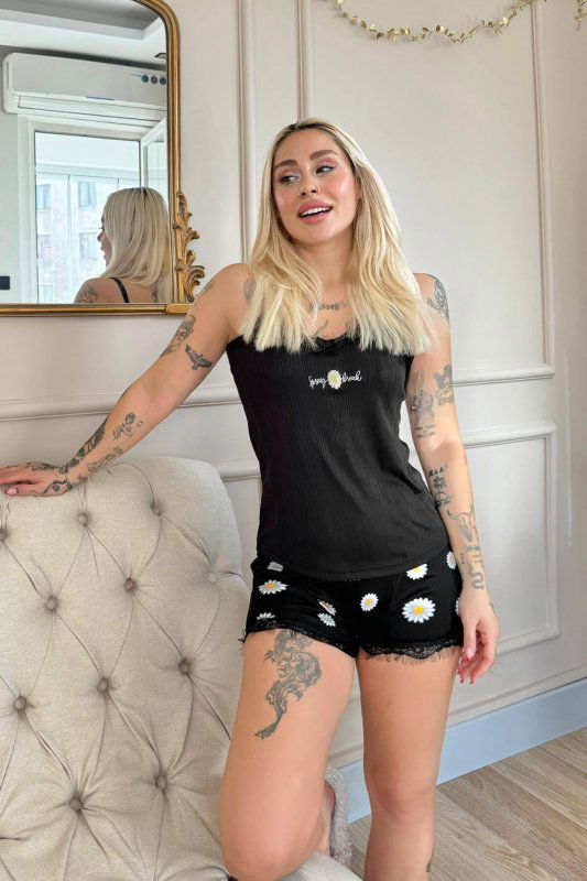 Siyah Spring Break Dantel Detaylı İp Askı Şortlu Örme Pijama Takımı - Pijamaevi (2)