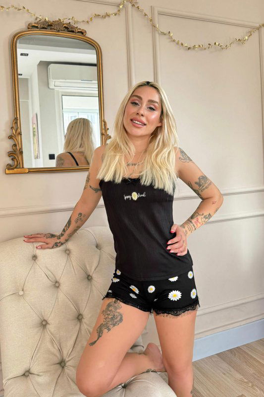 Siyah Spring Break Dantel Detaylı İp Askı Şortlu Örme Pijama Takımı - Pijamaevi (3)