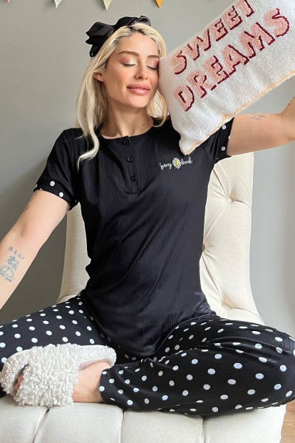Siyah Spring Nakışlı Kısa Kollu Örme Kadın Pijama Takımı - 1