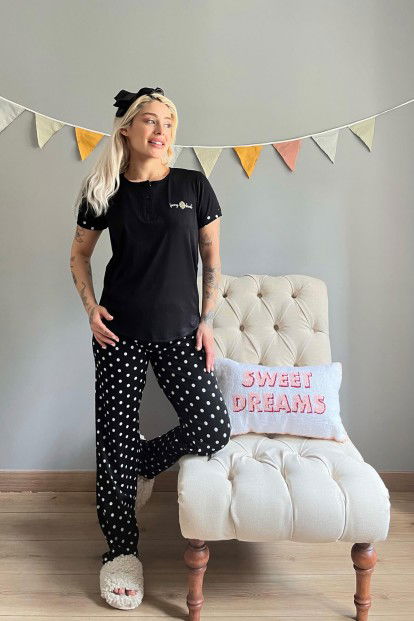 Siyah Spring Nakışlı Kısa Kollu Örme Kadın Pijama Takımı - 5