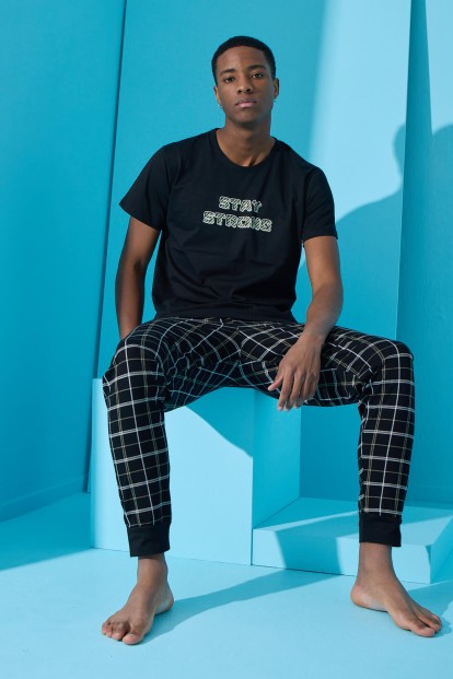 Siyah Strong Baskılı Kısa Kollu Erkek Pijama Takımı - 2
