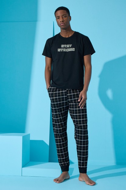 Siyah Strong Baskılı Kısa Kollu Erkek Pijama Takımı - 3
