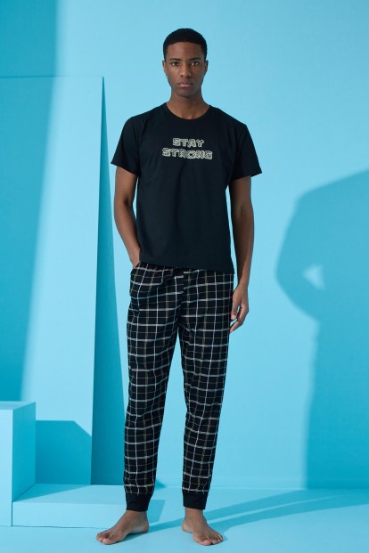 Siyah Strong Baskılı Kısa Kollu Erkek Pijama Takımı - 4