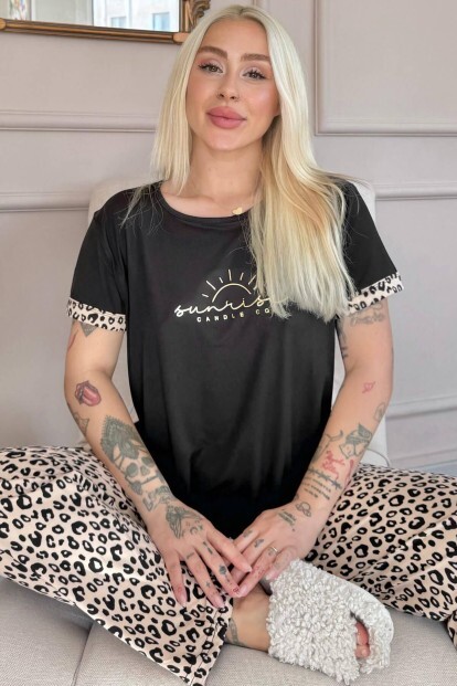 Siyah Sunshine Desenli Bambu Kısa Kol Kadın Pijama Takımı - 7
