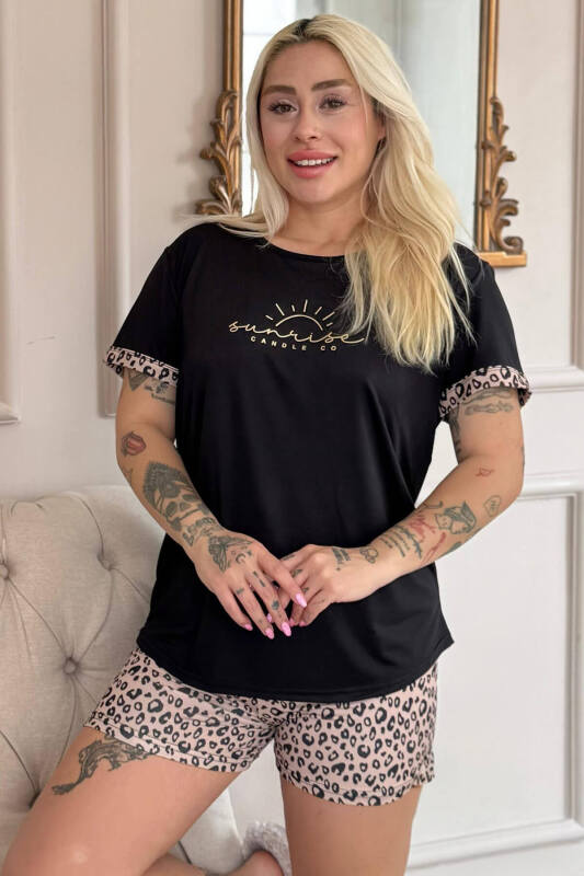 Siyah Sunshine Desenli Bambu Kısa Kol Şortlu Kadın Pijama Takımı - Pijamaevi