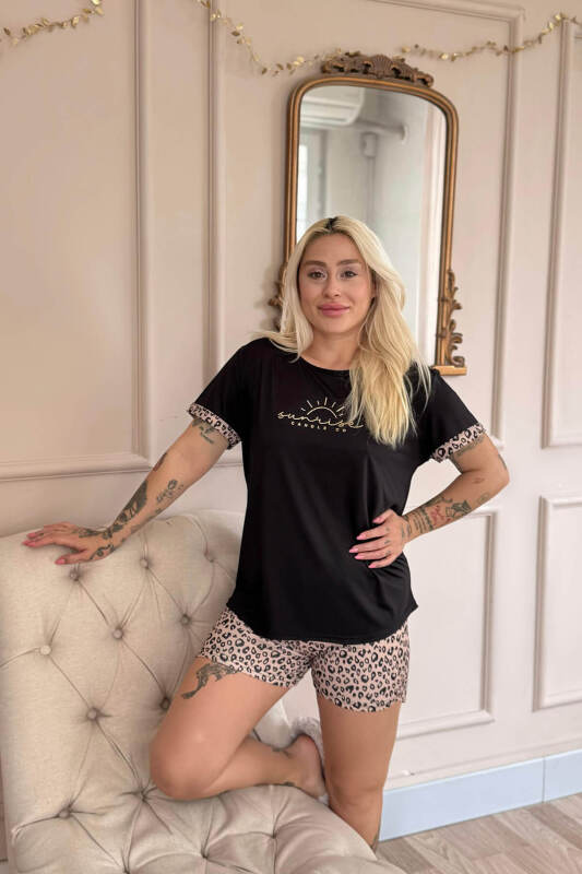 Siyah Sunshine Desenli Bambu Kısa Kol Şortlu Kadın Pijama Takımı - Pijamaevi (2)