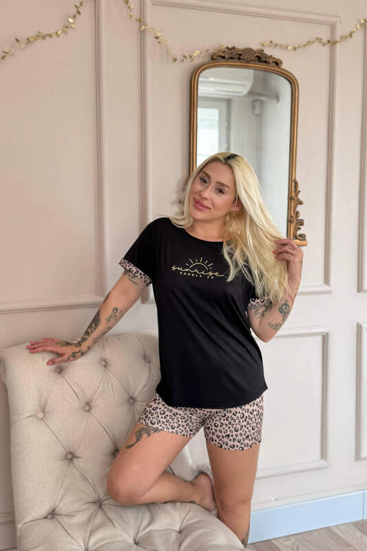 Siyah Sunshine Desenli Bambu Kısa Kol Şortlu Kadın Pijama Takımı - Pijamaevi (3)