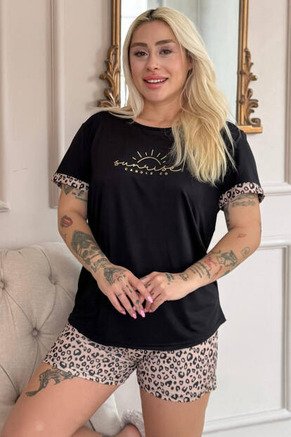 Siyah Sunshine Desenli Bambu Kısa Kol Şortlu Kadın Pijama Takımı - 6