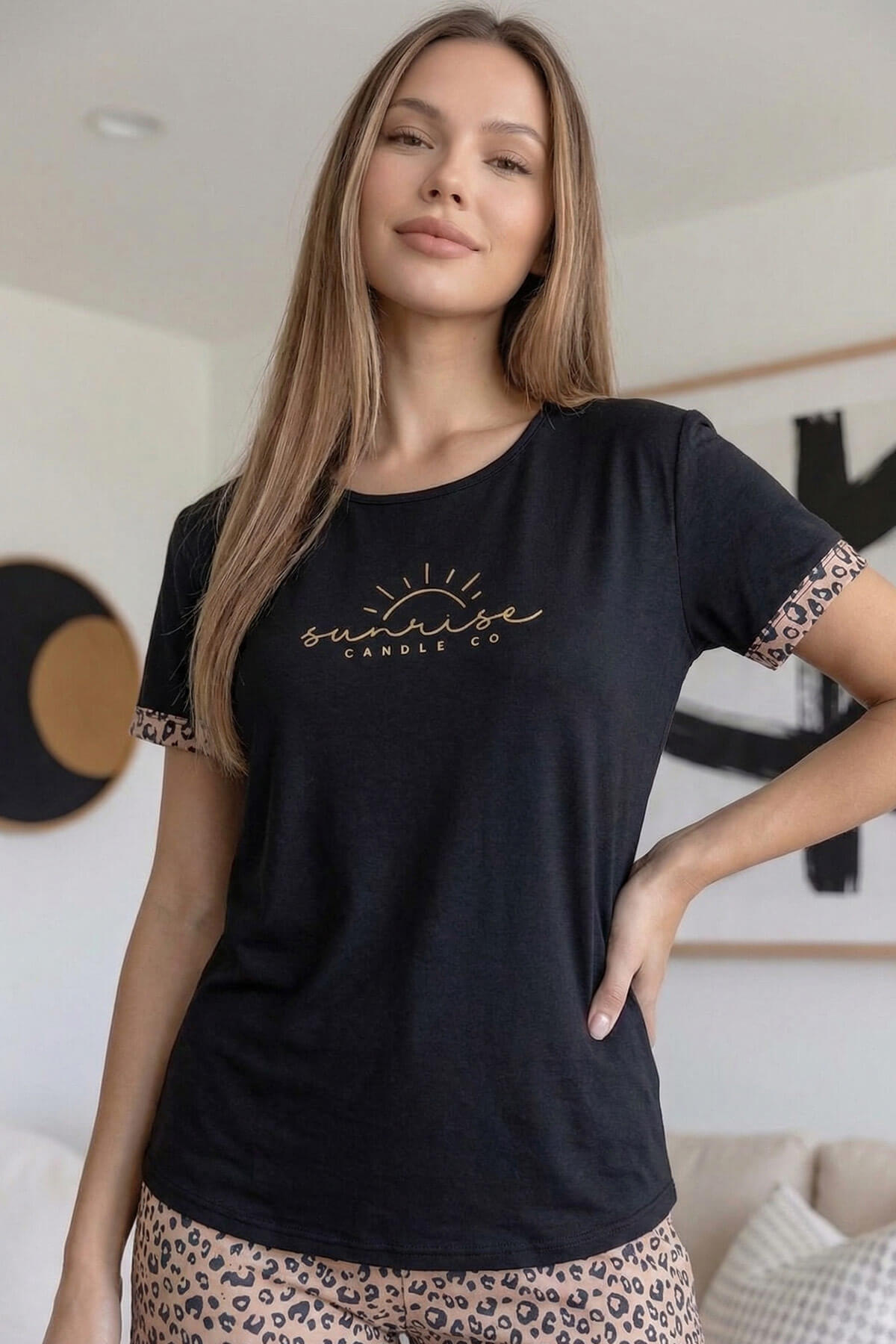 Siyah Sunshine Desenli Bambu Kısa Kol Şortlu Kadın Pijama Takımı - Pijamaevi (1)