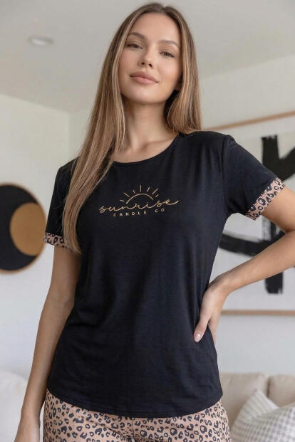 Siyah Sunshine Desenli Bambu Kısa Kol Şortlu Kadın Pijama Takımı - 2