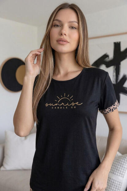 Siyah Sunshine Desenli Bambu Kısa Kol Şortlu Kadın Pijama Takımı - 5