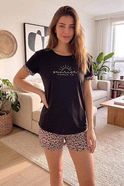 Siyah Sunshine Desenli Bambu Kısa Kol Şortlu Kadın Pijama Takımı - 6