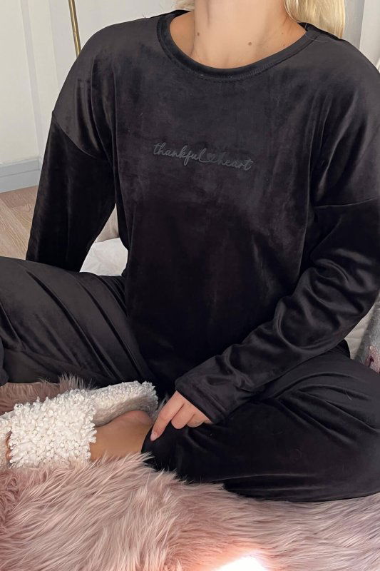 Siyah Thankful Desenli Exclusive Kadife Kadın Pijama Takımı  - Pijamaevi (3)