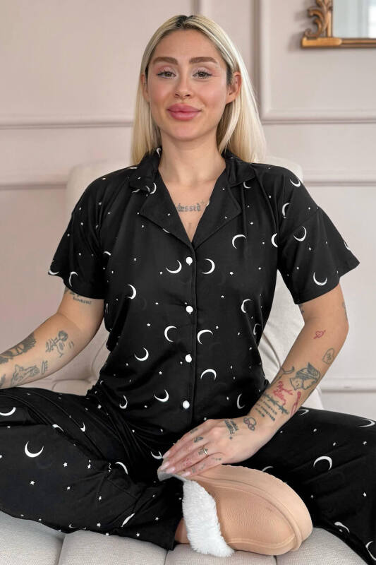 Siyah Twilight Glow Desenli Bambu Önden Düğmeli Kısa Kol Pijama Takımı - Pijamaevi
