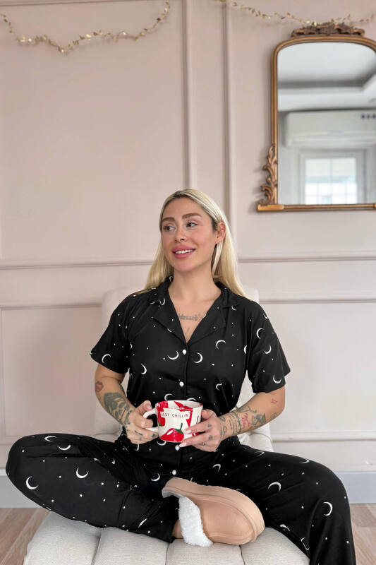 Siyah Twilight Glow Desenli Bambu Önden Düğmeli Kısa Kol Pijama Takımı - Pijamaevi (1)