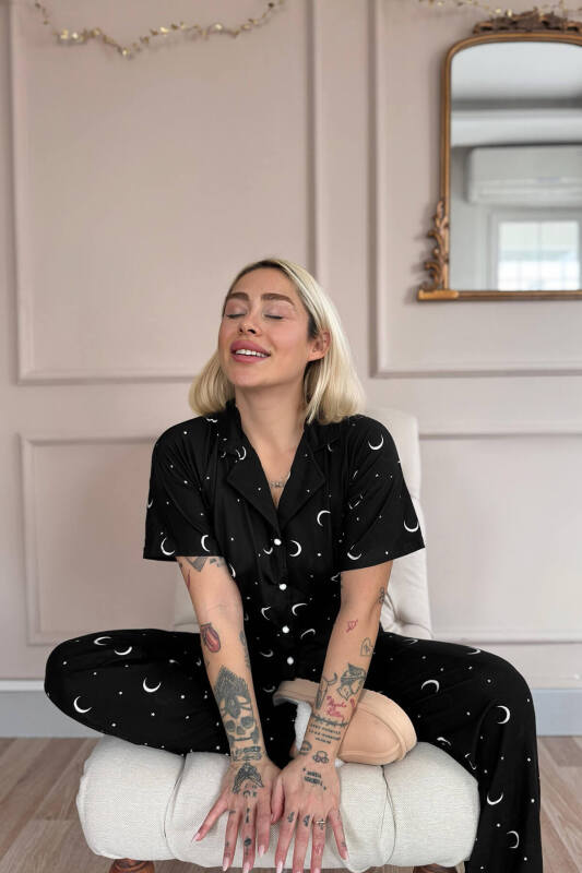 Siyah Twilight Glow Desenli Bambu Önden Düğmeli Kısa Kol Pijama Takımı - Pijamaevi (2)