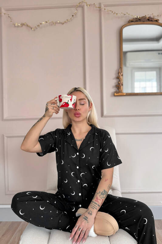 Siyah Twilight Glow Desenli Bambu Önden Düğmeli Kısa Kol Pijama Takımı - Pijamaevi (3)