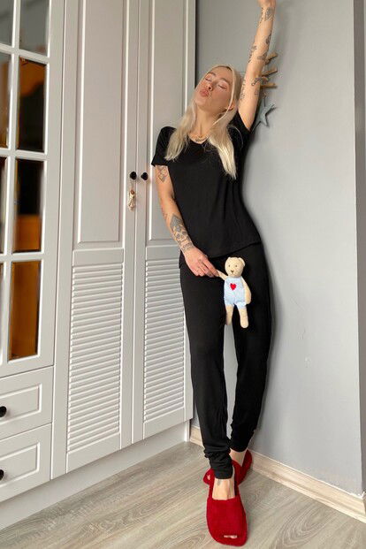 Siyah V Yaka Örme Kısa Kollu Kadın Pijama Takımı - 3