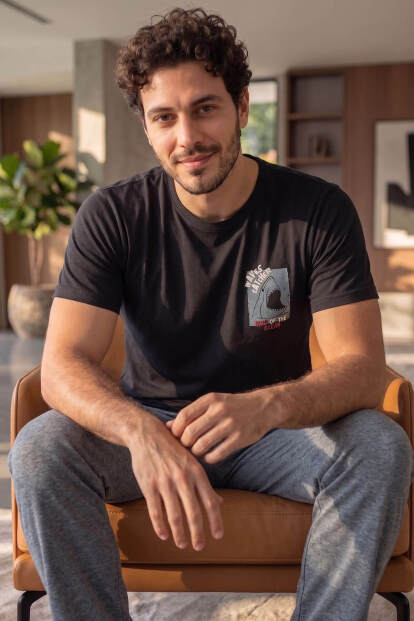 Siyah Waves Desenli Kısa Kollu Erkek Pijama Takımı 