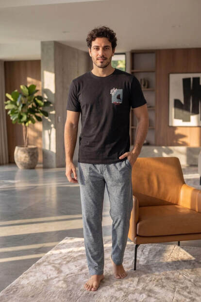 Siyah Waves Desenli Kısa Kollu Erkek Pijama Takımı - 6