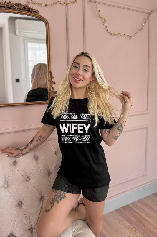 Siyah Wifey Şortlu Sevgili Aile Pijaması - Kadın Takımı - Pijamaevi (1)