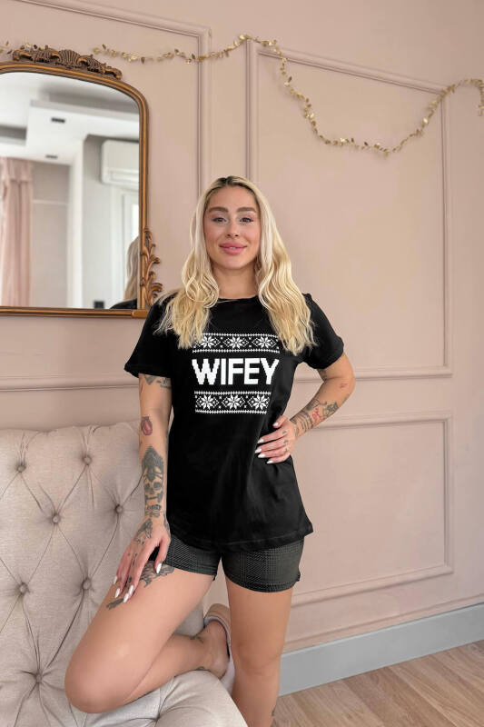 Siyah Wifey Şortlu Sevgili Aile Pijaması - Kadın Takımı - Pijamaevi (2)