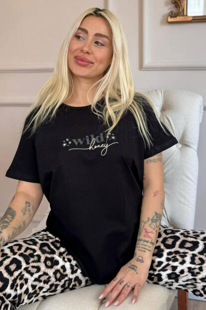 Siyah Wild Honey Desenli Pamuk Kısa Kollu Kadın Pijama Takımı - 1