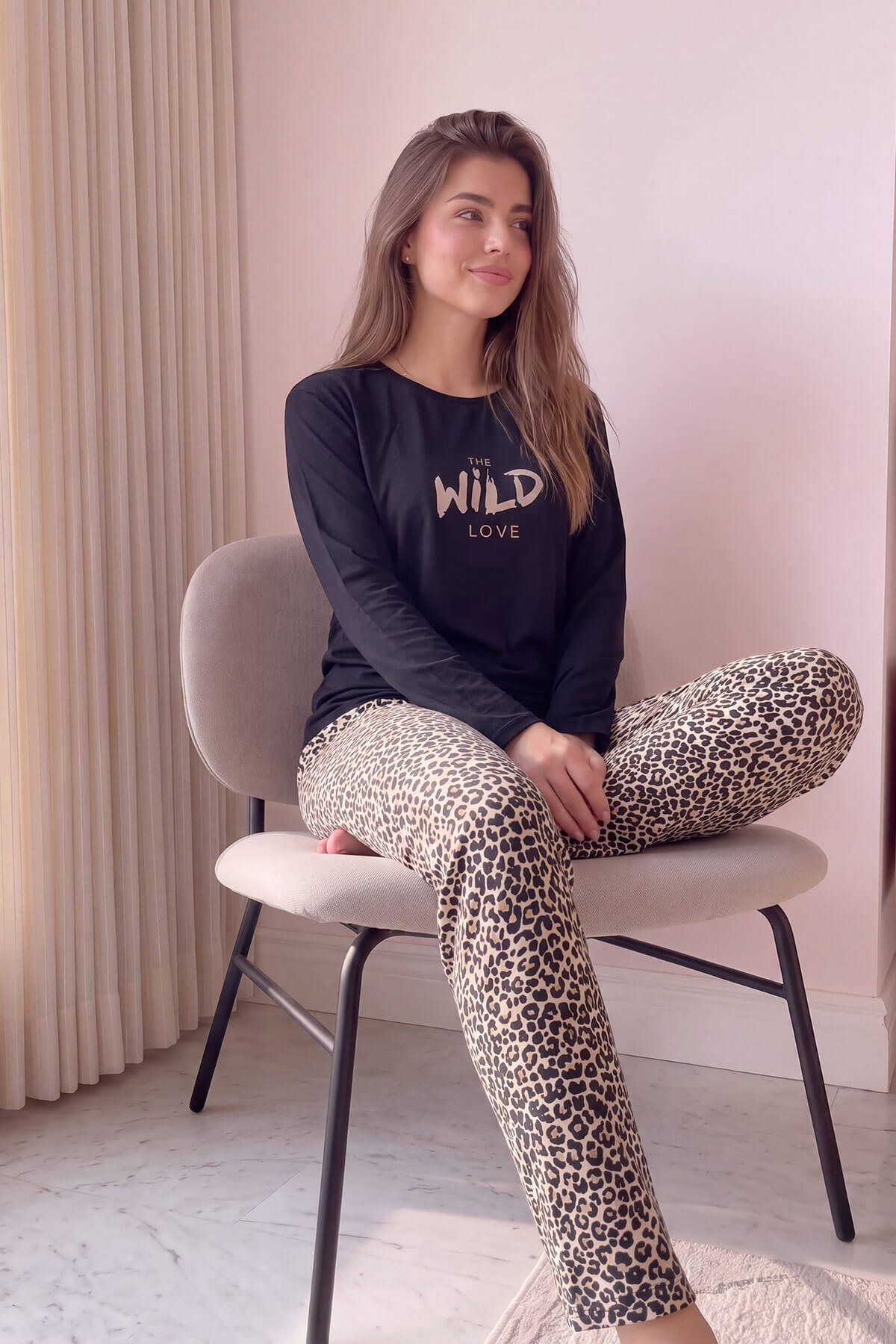 Siyah Wild Love Desenli Bambu Uzun Kol Kadın Pijama Takımı - Pijamaevi (1)