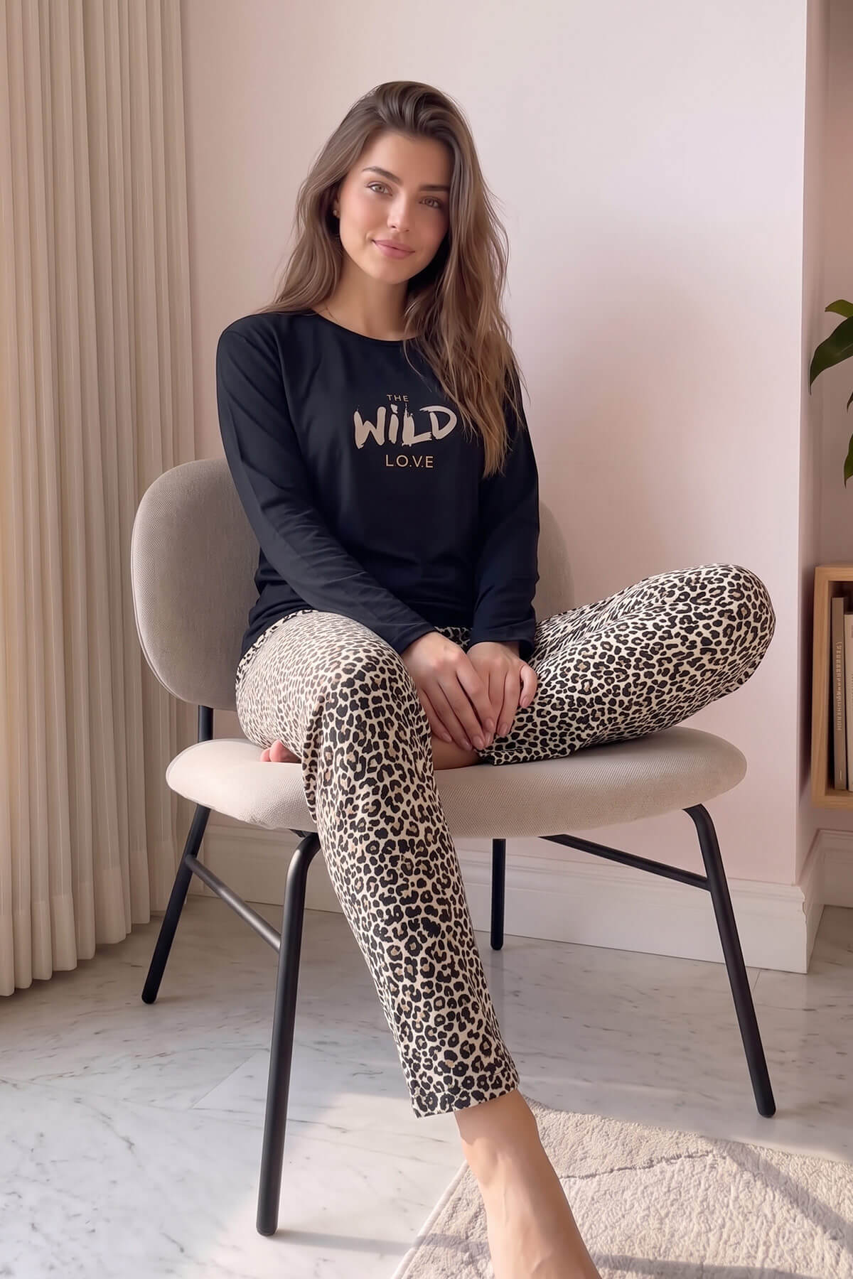 Siyah Wild Love Desenli Bambu Uzun Kol Kadın Pijama Takımı - Pijamaevi (3)