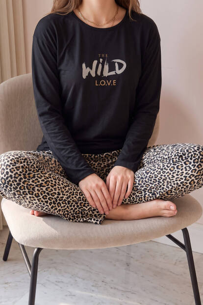 Siyah Wild Love Desenli Bambu Uzun Kol Kadın Pijama Takımı - 5